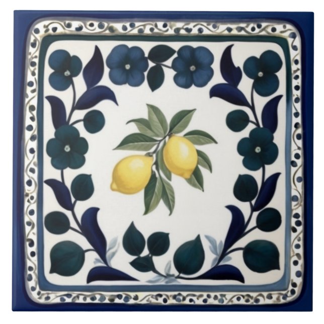 Azulejo De Cerâmica Traditional Lemons Dark Blue and White Floral (Frente)