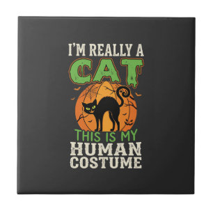 Azulejo De Cerâmica Traje de Gato Humano de Halloween Design Engraçado