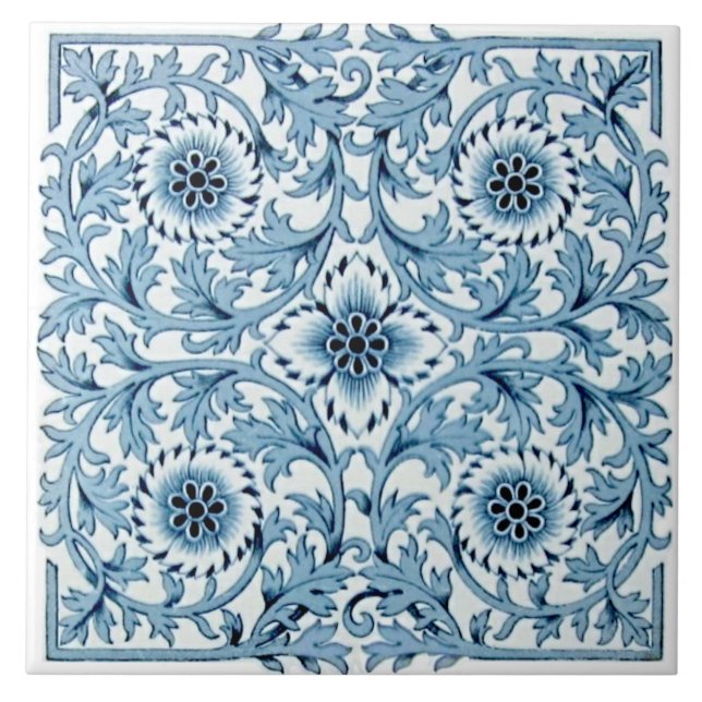 Azulejo De Cerâmica Tranferware de Minton Azul e Branco Repro Antique (Frente)