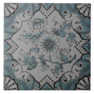 Azulejo De Cerâmica Transferware Floral Azul Aqua Vitoriano Repro