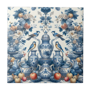 Azulejo De Cerâmica Travesseiro Chinoiserie Vintage Style Birds & Vase