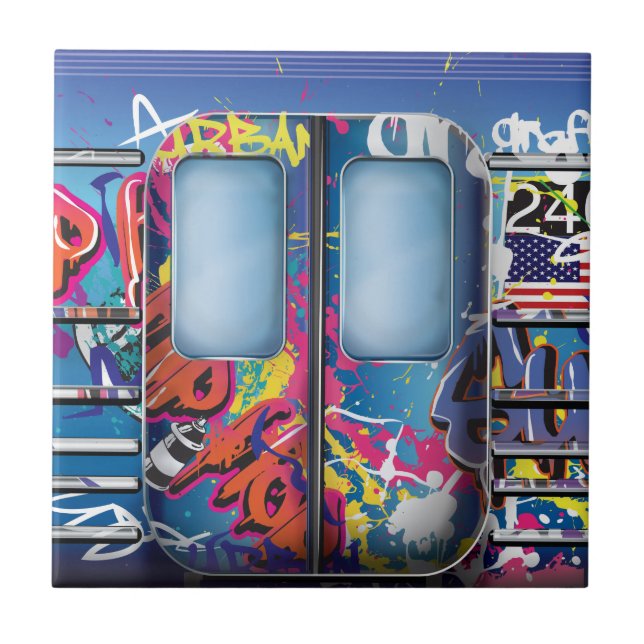Azulejo De Cerâmica Trem de metrô com grafite. (Frente)
