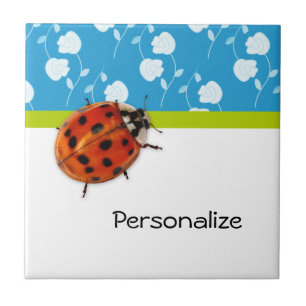 Azulejo De Cerâmica Trendy Blue Floral Ladybug Com Nome