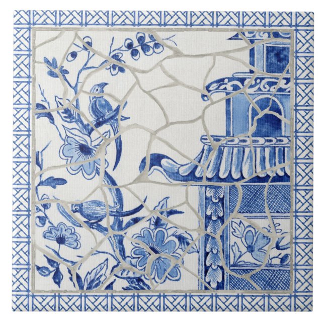Azulejo De Cerâmica Trendy Chinoiserie Chic Blue Chinês Pagoda (Frente)
