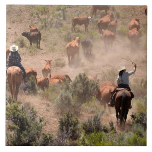 Azulejo De Cerâmica Três cowboys e cowgirls conduzindo gado