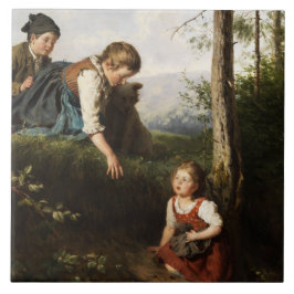 Azulejo De Cerâmica Três Crianças Escolhendo Cerejas Selvagens na Flor