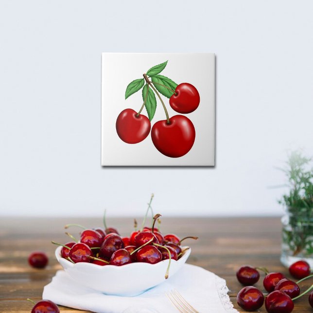 Azulejo De Cerâmica Três Frutas de cerejas vermelhas (Cherries Ceramic Tiles, use for kitchen backsplash, walls or order with optional frame for decor.)
