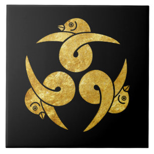 Azulejo De Cerâmica Três gansos japoneses Kamon Faux gold em preto