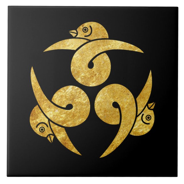 Azulejo De Cerâmica Três gansos japoneses Kamon Faux gold em preto (Frente)