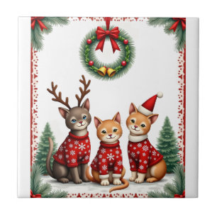 Azulejo De Cerâmica Três gatos engraçados camisola de Natal gato feio