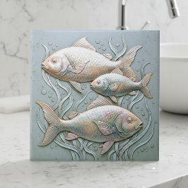 Azulejo De Cerâmica Três Peixes Baixo-relevo Opalescente D1221