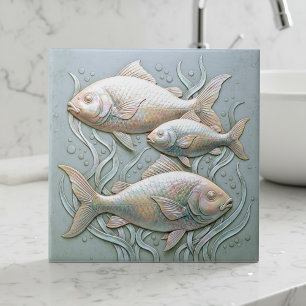 Azulejo De Cerâmica Três Peixes Baixo-relevo Opalescente D1221