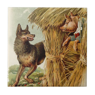 Azulejo De Cerâmica Três Porquinhos Lobo Mau, Conto de Fadas Vintage