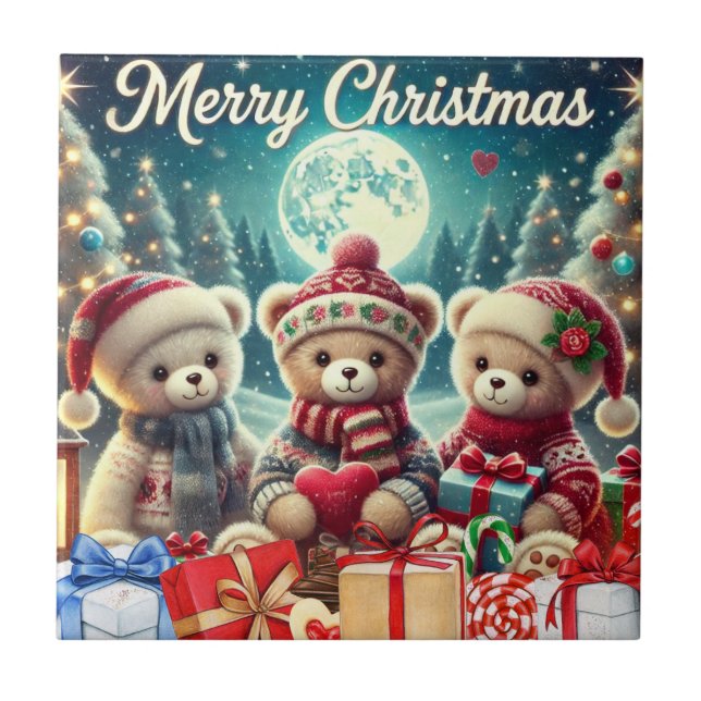 Azulejo De Cerâmica Três Ursos de Teddy Bonitos Feliz Natal (Frente)