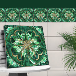 Azulejo De Cerâmica Trevo de quatro folhas - mármore verde e ouro