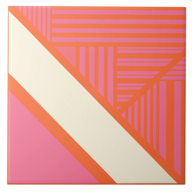 Azulejo De Cerâmica Triângulo Stripes em rosa, laranja e creme (Frente)