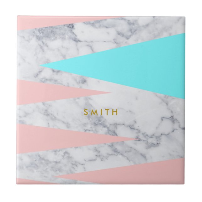 Azulejo De Cerâmica triângulos geométricos do mármore branco elegante, (Frente)