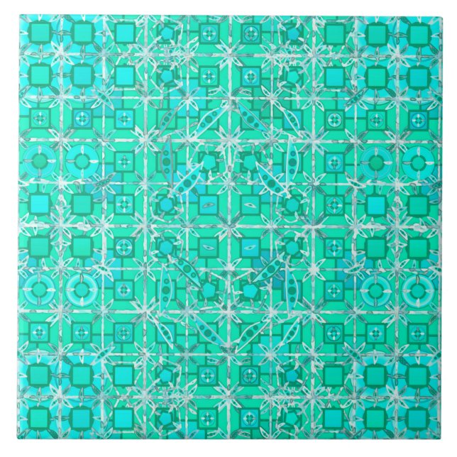 Azulejo De Cerâmica Tribal Batik - aqua e turquesa com branco (Frente)