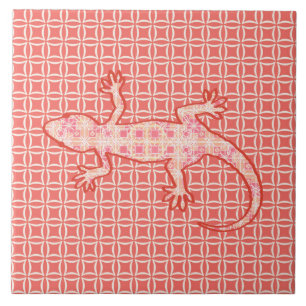 Azulejo De Cerâmica Tribal batik Gecko - cor-de-rosa e creme