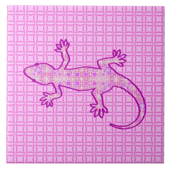 Azulejo De Cerâmica Tribal batik Gecko - orquídea e casca rosa (Frente)