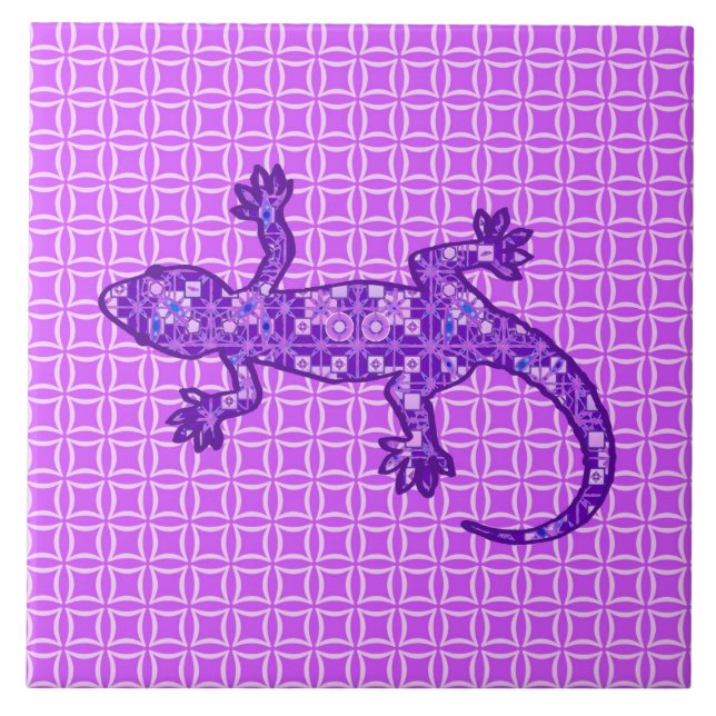 Azulejo De Cerâmica Tribal batik Gecko - violeta e ametista roxo (Frente)