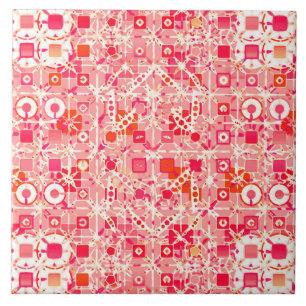 Azulejo De Cerâmica Tribal Batik - rosa-coral, laranja-coral e creme