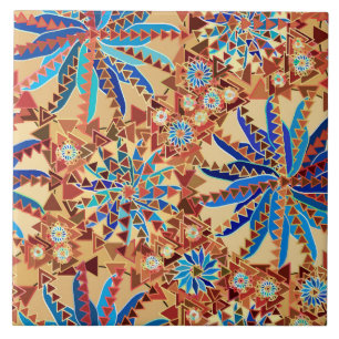 Azulejo De Cerâmica Tribal Mandala Impressão, Camel Tan e Denim Blue