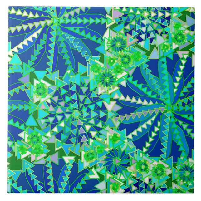 Azulejo De Cerâmica Tribal Mandala Impressão, Cobalt Azul e Verde (Frente)