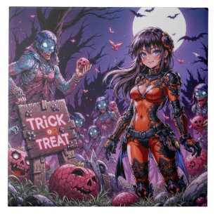 Azulejo De Cerâmica Trick ou Treine Zombies Halloween Entregando o Cér