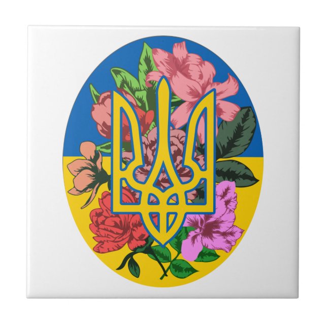 Azulejo De Cerâmica Tridente ucraniano e bandeira da Ucrânia com flore (Frente)
