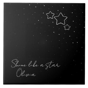 Azulejo De Cerâmica Trio de estrelas em preto e branco com mensagem e 