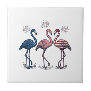Azulejo De Cerâmica Trio de Flamingos Patrióticos Design de Gravura Vi