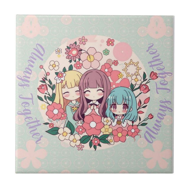 Azulejo De Cerâmica Trio Kawaii - Meninas de Animes Bonitas e Víblias  (Frente)