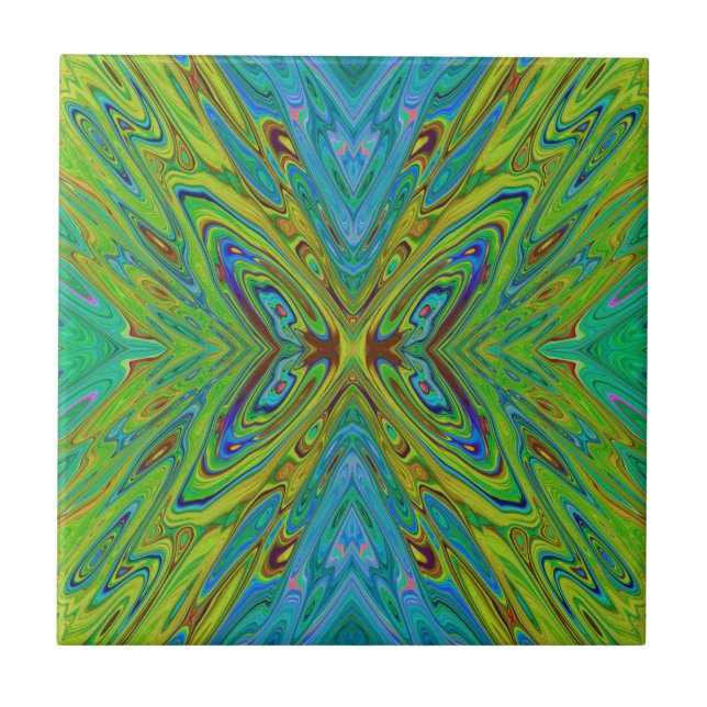 Azulejo De Cerâmica Trippy Chartreuse e Blue Abstrato Butterfly (Frente)