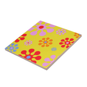 Azulejo De Cerâmica Trivet Amarelo de Padrão de Flor Retroativo