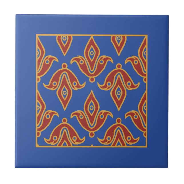 Azulejo De Cerâmica Trivet, Burgundy, Azul, Fleur de Lys Dourado (Frente)