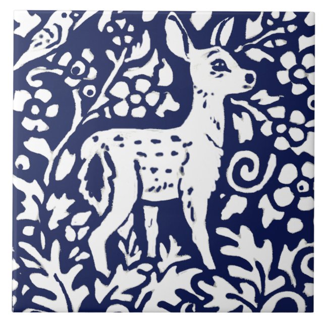 Azulejo De Cerâmica Trivet de Animais da Floresta marinho Azul Branco (Frente)