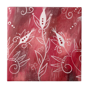 Azulejo De Cerâmica Trivet De Padrão Floral Branco E Vermelho