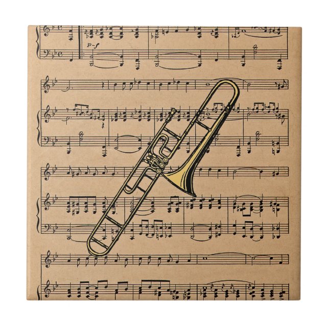 Azulejo De Cerâmica Trombone com plano de fundo de música (Frente)