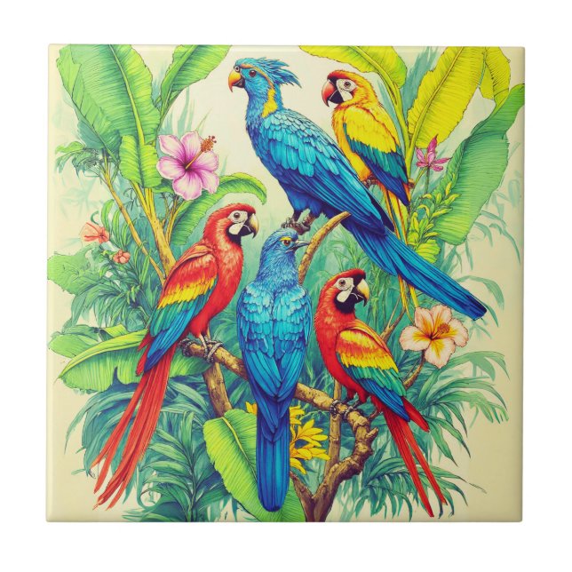 Azulejo De Cerâmica Tropical Birds Botanical Illustration (Frente)