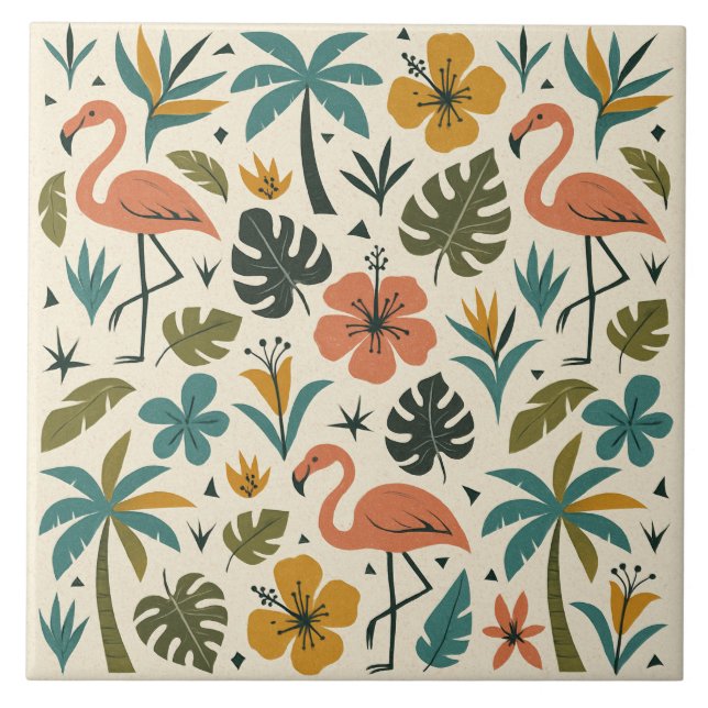 Azulejo De Cerâmica Tropical Flamingo and Palm Tree Pattern (Frente)