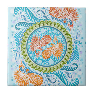 Azulejo De Cerâmica Tropical Koi Mandala Arte Zen do Oceano Vibrante