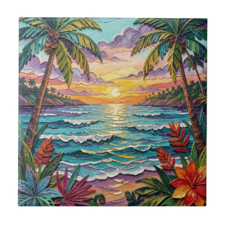 Azulejo De Cerâmica Tropical Paradise | Coastal Beach Scene Impasto