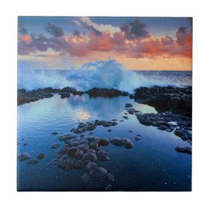 Azulejo De Cerâmica Tropical Rocky Beach Sunset Sea Wave