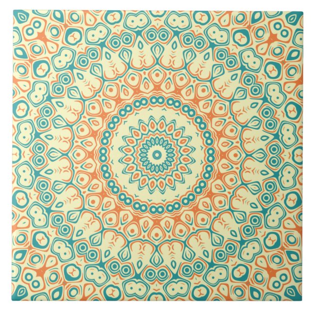 Azulejo De Cerâmica Tropical Teal e Orange Mandala Padrão (Frente)
