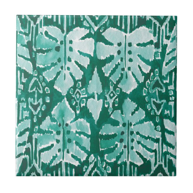 Azulejo De Cerâmica Tropical tribal verde havaiano da SELVA IKAT (Frente)