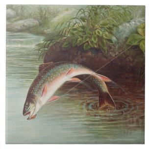 Azulejo De Cerâmica Truta Brook Pulando por Samuel Kilbourne (1874)