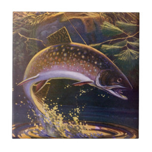 Azulejo De Cerâmica Truta Salmão Pescador, Pesca Esportiva Vintage