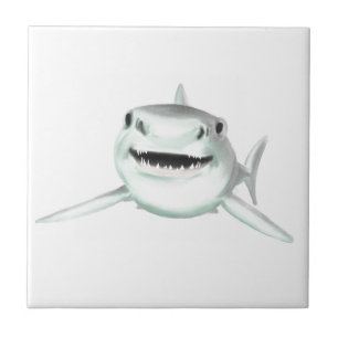 Azulejo De Cerâmica tubarão aquarela sorrindo animal oceano cinza verd