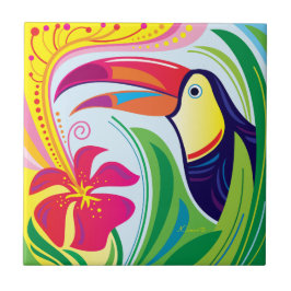Azulejo De Cerâmica Tucano com Flor Tropical